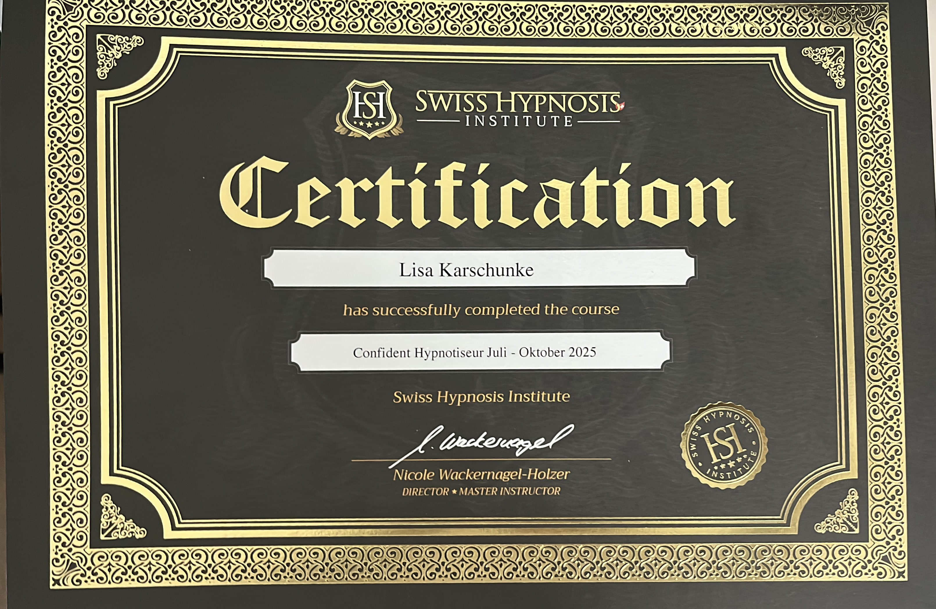 Zertifikat des Swiss Hypnosis Institute für Lisa Karschunke